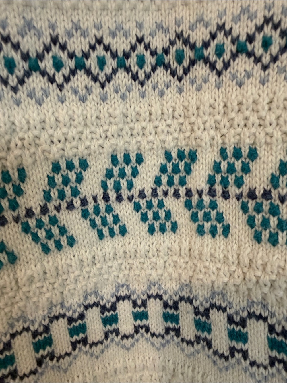 Vintage Men's Cream Crewneck Sweater with Teal Pattern Fair Isle - Picture 3 of 4